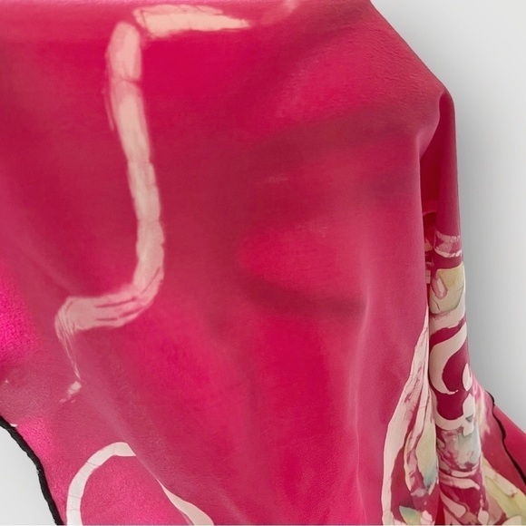 Vtg Kathy Robinson Silk Scarf Tie Dye Swirls Pink Black Trim & Tassels Triangle - Picture 13 of 16
